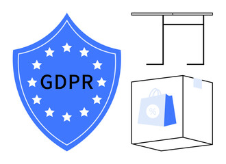GDPR, data privacy, online security, e-commerce, compliance management, information protection. Blue shield with GDPR text, shopping package and security elements. GDPR and data privacy © robu_s