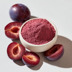 Luxury ingredient shot featuring fine pink-red plum powder in a white ceramic dish, with fresh plum slices surrounding for context. Soft gradient lighting, bright white background, and clean shadows, 
