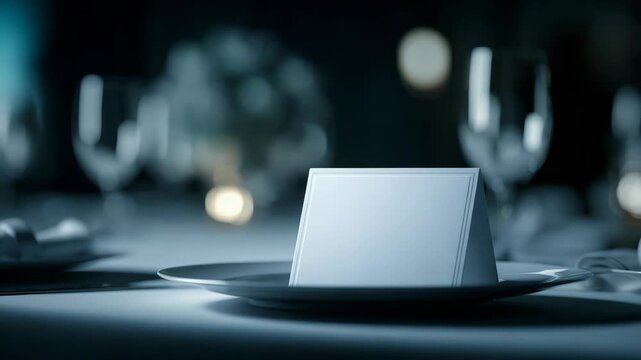 Blank white name card on a plate in a formal dining setup, soft lighting, blurred background, concept of event planning or luxury dining