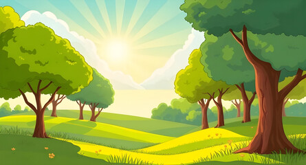 landscape, sky, nature, grass, summer, field, green, vector, meadow, spring, tree, hill, sun, mountain, illustration, road, clouds, rural, cloud, countryside, cartoon
