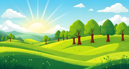 landscape, sky, nature, grass, summer, field, green, vector, meadow, spring, tree, hill, sun, mountain, illustration, road, clouds, rural, cloud, countryside, cartoon