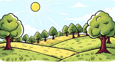 summer landscape with blue sky illustration, fresh green meadow summer scene, outdoor countryside summer background, natural scenic summer field, calm green grass sky view, wide open summer meadow, pe