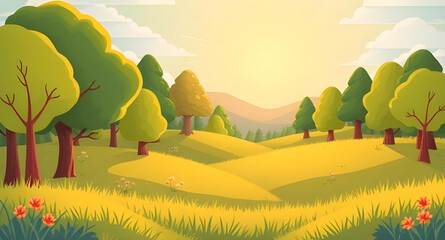 summer grass field landscape illustration, blue sky summer meadow background, natural outdoor summer scenery, green countryside summer design, sunny summer field environment, calm open landscape summe