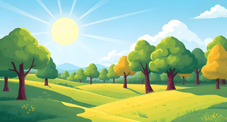 summer meadow landscape background design, green grass nature summer scene, bright blue sky countryside, summer field illustration wallpaper, scenic outdoor summer landscape, calm peaceful summer mead