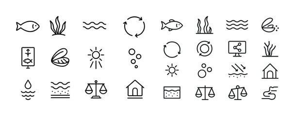 Fototapeta premium Aquatic and environmental vector icons set including fish and re