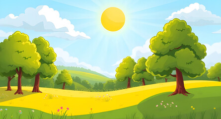 summer meadow landscape background design, green grass nature summer scene, bright blue sky countryside, summer field illustration wallpaper, scenic outdoor summer landscape, calm peaceful summer mead