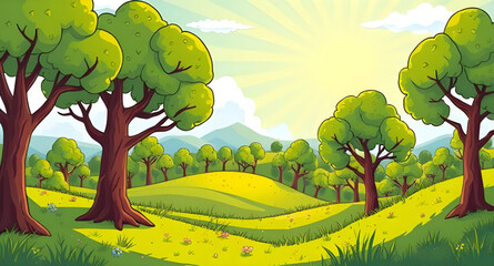 summer landscape panoramic background, wide green meadow blue sky, natural summer scenery illustration, calm summer field landscape, fresh countryside summer view, outdoor nature summer wallpaper, sun