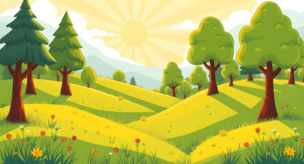 summer landscape panoramic background, wide green meadow blue sky, natural summer scenery illustration, calm summer field landscape, fresh countryside summer view, outdoor nature summer wallpaper, sun