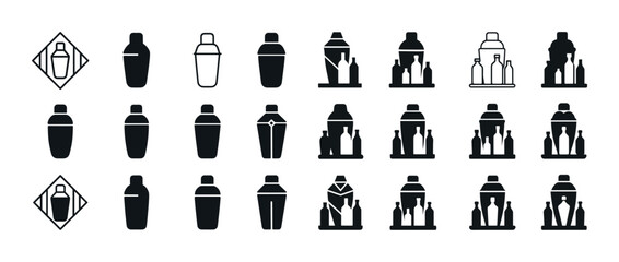 Set of iconic cocktail shakers and bottles in various black silh