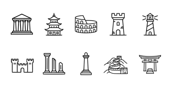 World landmark and monument line icon set featuring temple pagoda colosseum tower wall gate in simple outline illustration style Concept of global heritage architecture travel and cultural tourism
