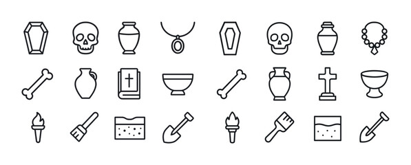 Line art icon set: funeral and burial symbols collection