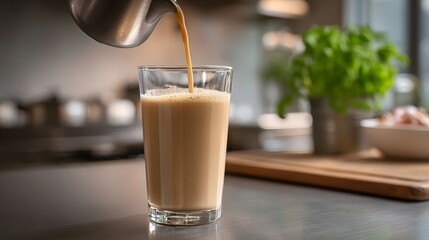 Creamy beverage being poured into a glass on a kitchen counter creating froth