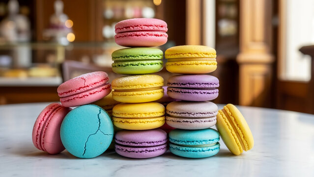 Elegant and realistic image showcasing colorful French macarons arranged in a refined patisserie environment, symbolizing luxury European dessert culture.