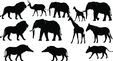 Flat vector, African wildlife silhouettes, lion elephant giraffe, zebra antelope warthog, safari animals, nature icons, wild creatures, black and white, animal profile, 