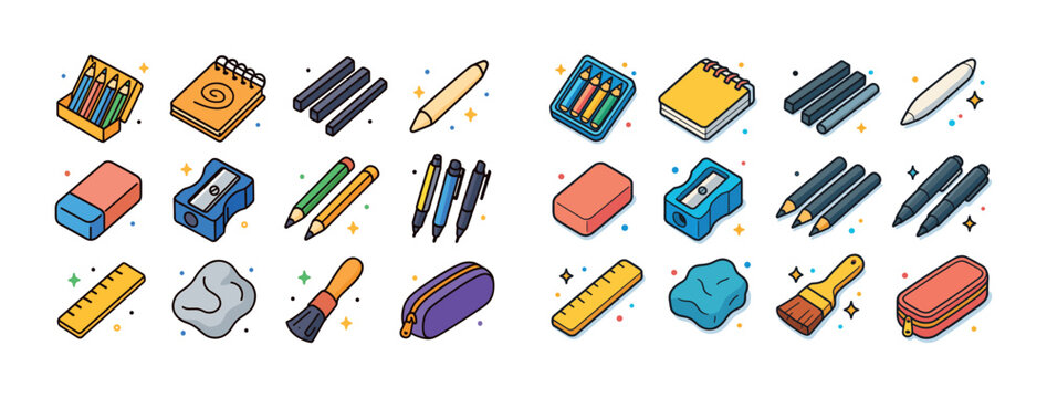 Colorful school supplies set with pens, pencils, erasers, notebo