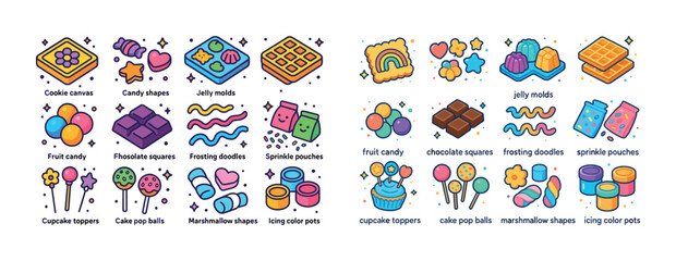 Fototapeta premium Colorful baking icons: cookies, candy, jelly molds, and frosting