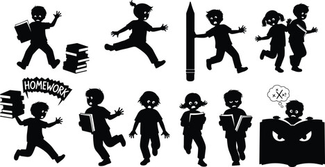 Flat vector, homework stress silhouettes, school reaction, overwhelmed student, math anxiety, book panic, running child, jumping pose, confused learner, 