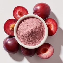 Luxury ingredient shot featuring fine pink-red plum powder in a white ceramic dish, with fresh plum slices surrounding for context. Soft gradient lighting, bright white background,
