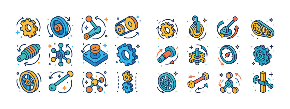 Colorful mechanical icons depicting various gears, levers, and p