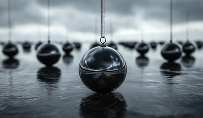 Black metal spheres hanging from chains, floating in the air above water with an endless expanse of grey clouds backdrop