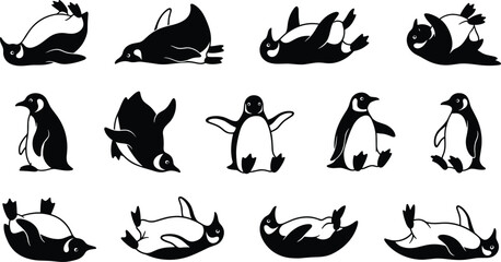 Flat vector, penguin silhouette icons, playful pose, belly slide, wing flap, sitting penguin, relaxed posture, black and white, animal behavior, icy movement, nature gesture, whimsical wildlife