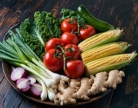 A rustic plate filled with an assortment of fresh vegetables including tomatoes, corn on the cob, ginger, onions, green peppers, and leafy greens on a wooden table with a shallow depth of - Powered by Adobe
