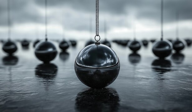 Black metal spheres hanging from chains, floating in the air above water with an endless expanse of grey clouds backdrop