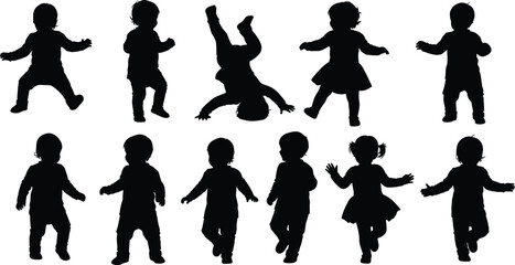 Flat vector, toddler silhouette icons, playful pose, walking child, dancing gesture, headstand moment, expressive posture, black and white, child movement, 