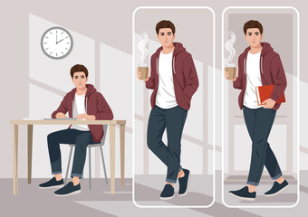 Obraz premium A young man sits at a table, studying, with a coffee cup in hand. The room is bright and inviting, showcasing a blend of workspace and home comfort for productivity.