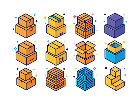 Colorful Stacked Boxes Icons. stacked boxes. Colorful isometric