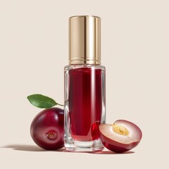 Transparent glass vial with metallic gold or silver cap containing ruby-toned plum extract. Fresh plum slice placed beside on a bright white seamless background.