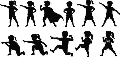Superhero kids, action poses, cape, power stance, silhouette, dynamic movement, empowerment, imagination, strength, playful, cad drawing, flat vector