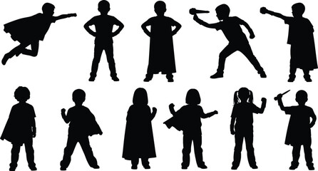 superhero, children, cape, silhouette, flying, pose, costume, play, hero, action, flat vector