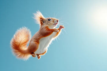 Cute red squirrel jumping in mid-air against blue sky background, dynamic action shot of wild flying rodent with backlit fluffy tail

