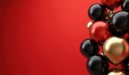 Black, red, and gold balloons on the right side of an empty space for text against a vibrant red background for a celebration