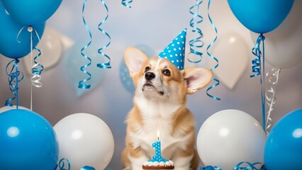 Adorable Corgi Puppy Celebrates Its First Birthday with Cake and Balloons