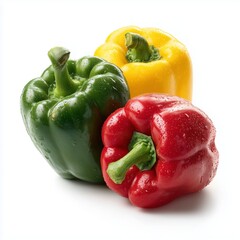 fresh bell peppers in vibrant red, yellow, and green with glossy skin and crisp texture. Soft diffused studio lighting, clean shadows, ultra-HD detail. Perfect for food advertising, cooking ingredient