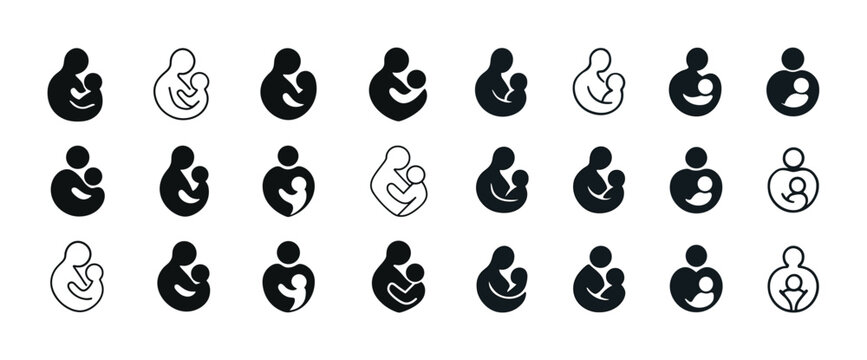 Mother and child icon set: monochrome silhouette symbols in vari
