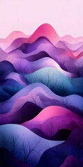 Fototapeta premium A serene landscape of rolling hills in shades of purple and pink, creating a dreamy atmosphere with bare trees adding depth and contrast against the vibrant colors.