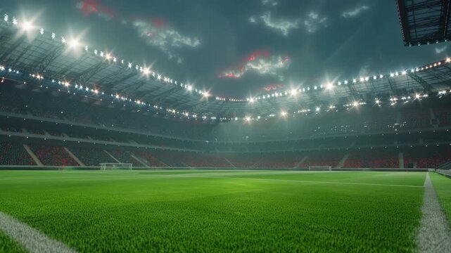 Video A vacant soccer field at night with green grass and lit up by bright lights