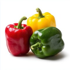 fresh bell peppers in vibrant red, yellow, and green with glossy skin and crisp texture. Soft diffused studio lighting, clean shadows, ultra-HD detail. Perfect for food advertising, cooking ingredient