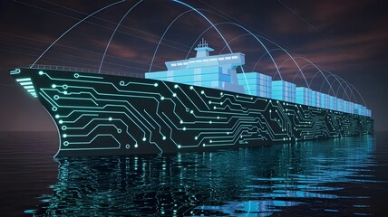 Futuristic cargo ship of luminous circuit panels for global trade – Perfect for logistics, cybersecurity, or finance concepts.