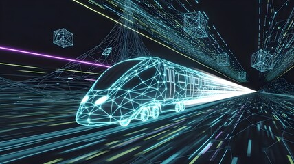 Futuristic train of glowing network lines in cybernetic landscape – Suitable for digital art, virtual reality, or high-speed data concepts.