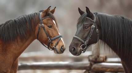 Two Horses Facing Each Other in Winter Stable with Soft Natural Light
