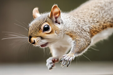 Funny curious squirrel flying towards camera, macro closeup action shot of jumping rodent with outstretched paws on blurred background

