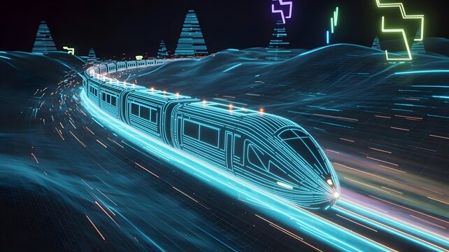 Wireframe train racing through geometric digital terrain – Great for innovation, science, or advanced technology presentations. - Powered by Adobe