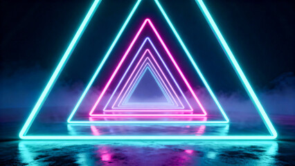 Futuristic Neon Triangle Tunnel with Glowing Lights and Cyberpunk Atmosphere