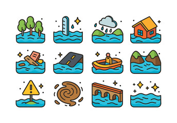 Naklejka premium Flooded Valley Icons. Flooded Valley. Colorful isometric vector