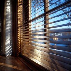 Wooden Window Blinds with Soft Morning Light and Outdoor View
