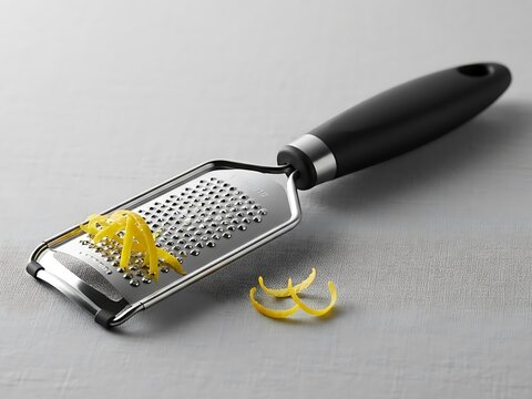 Lemon zest on a microplane zester, a kitchen essential for flavoring dishes